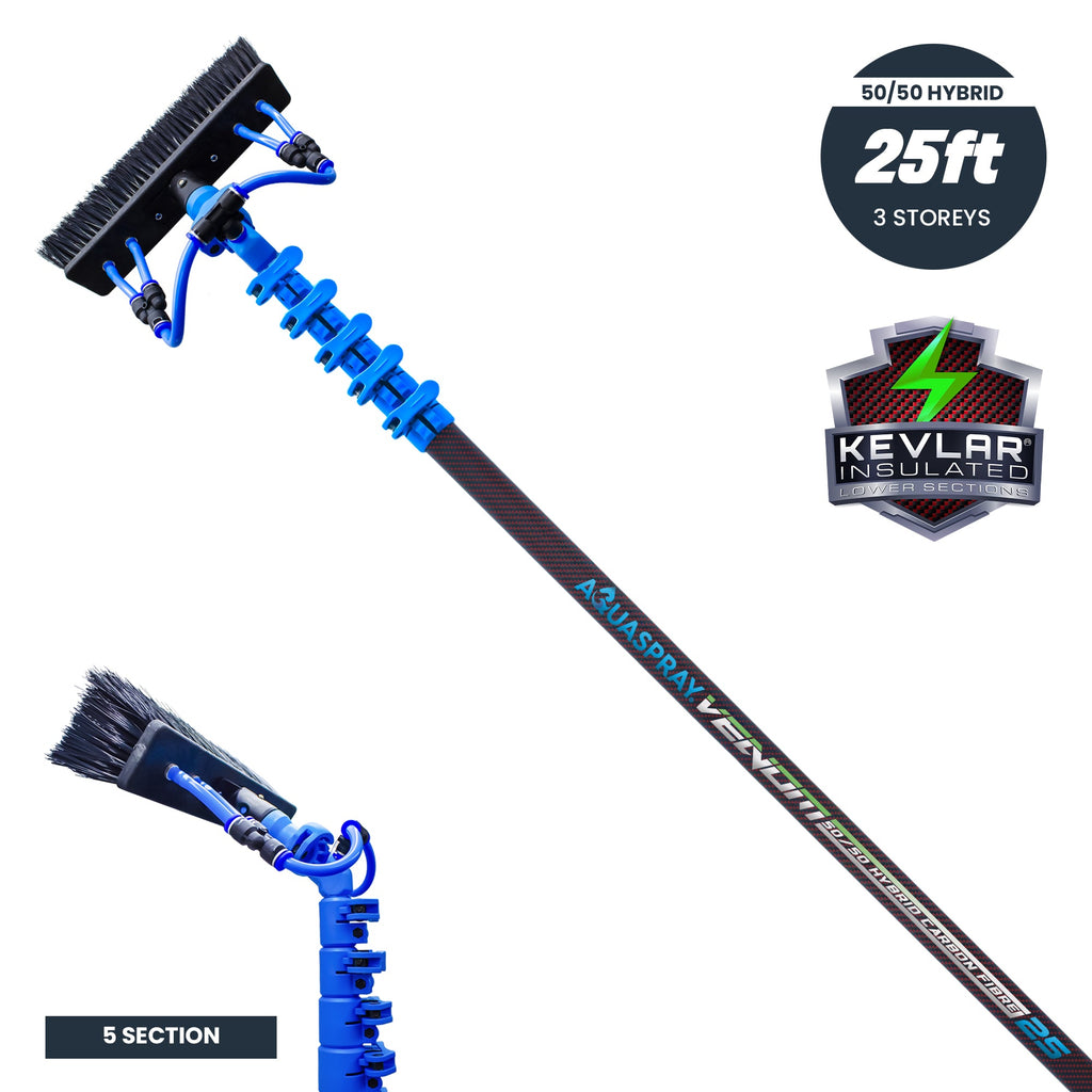 Aquaspray® Venom 25ft 50% Carbon 50% Fibreglass Kevlar Insulated Waterfed Window Cleaning Pole – 5 Sections