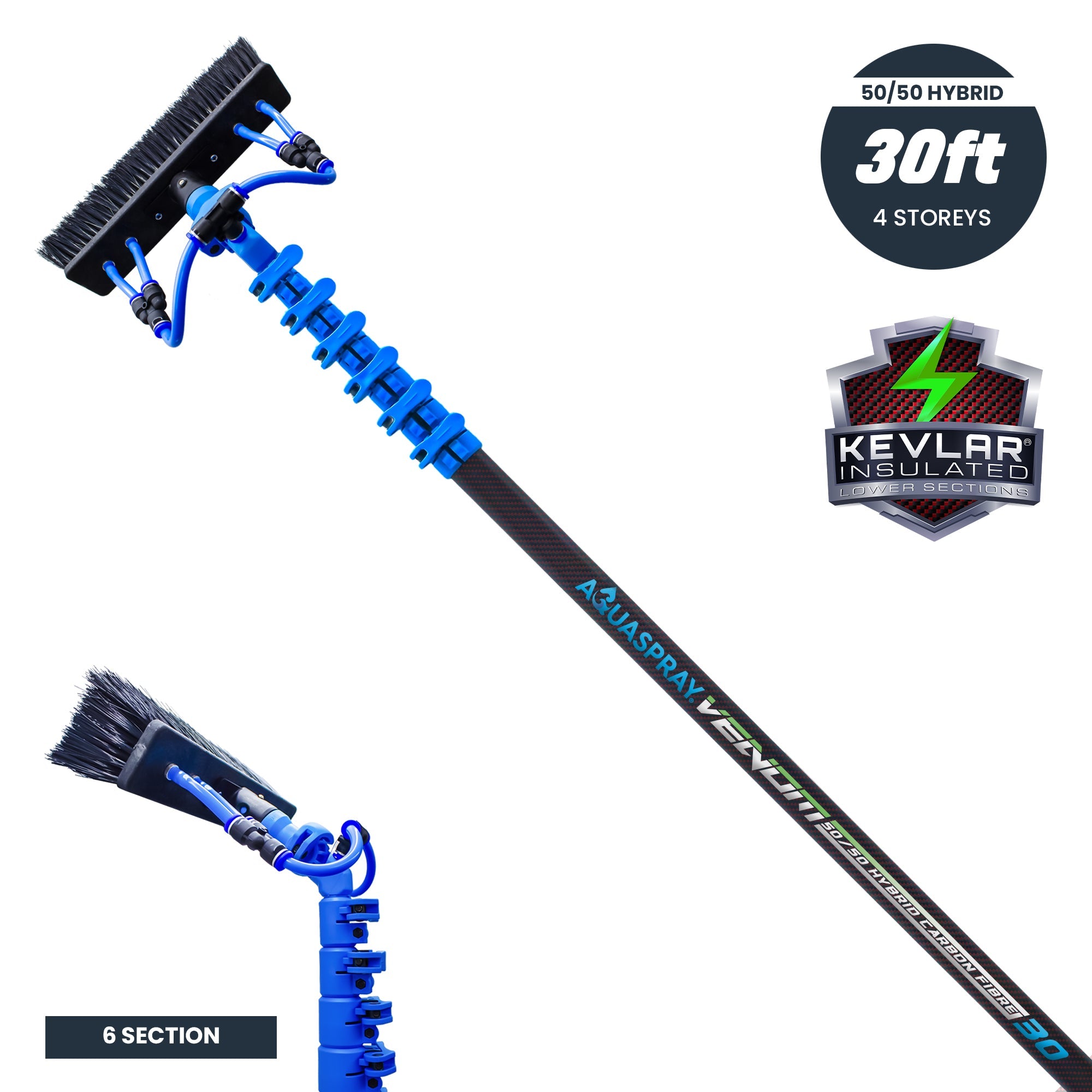 Aquaspray® Venom 30ft Kevlar Insulated 50% Carbon 50% Fiberglass Waterfed Window Cleaning Pole – 6 Sections