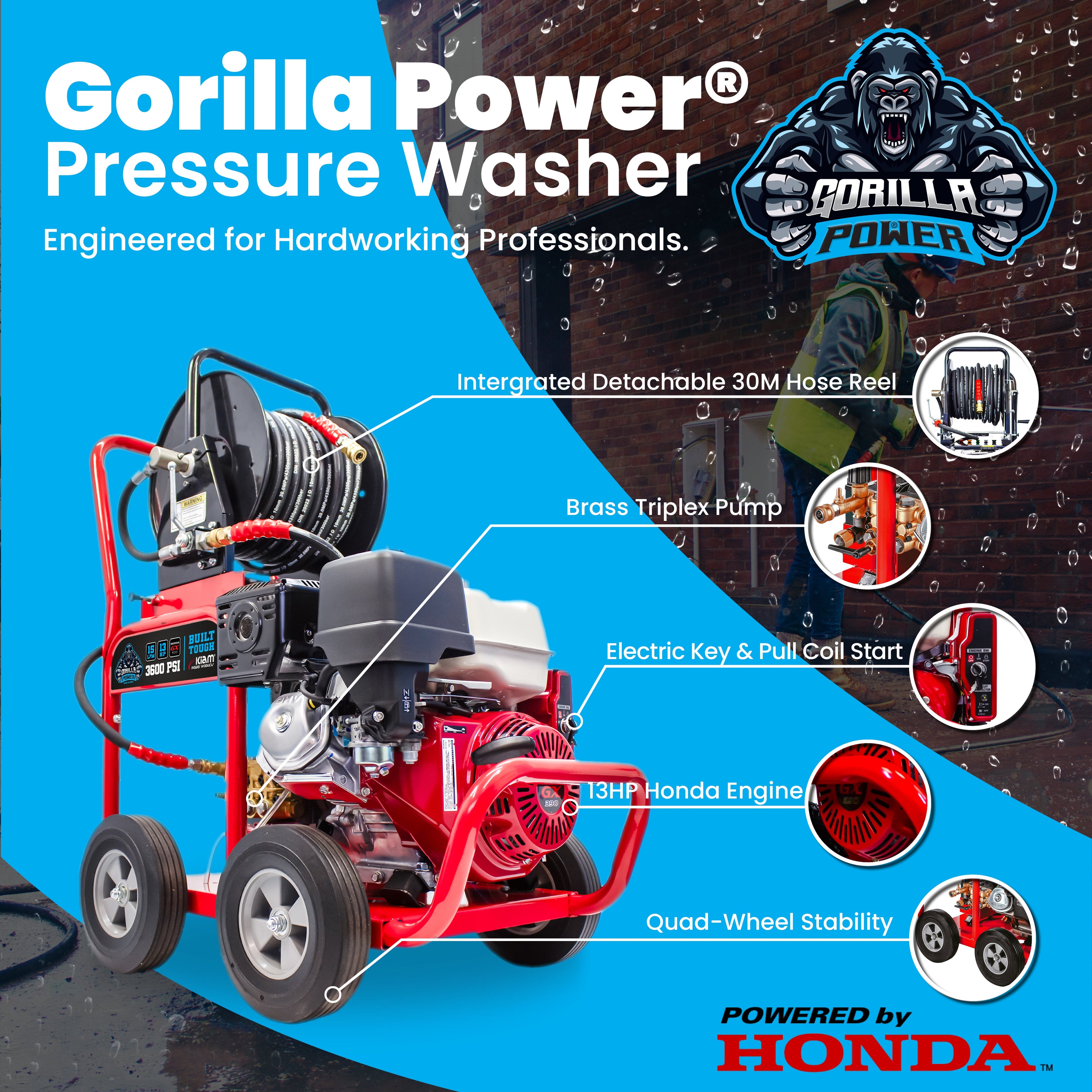 Kiam GORILLA POWER® 3600PSI 15LPM 13HP Petrol Pressure Washer Honda GX390 Engine